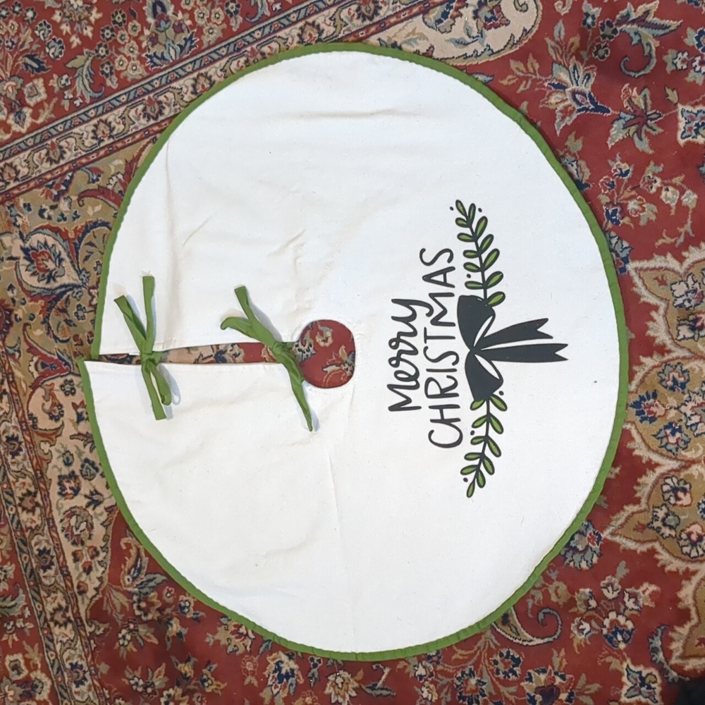 Christmas Tree Skirt with script lettering and Bow